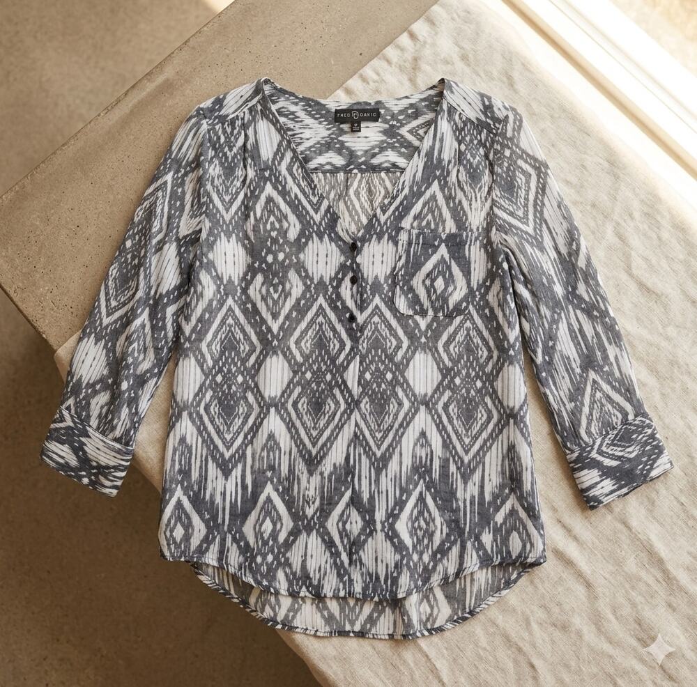 Fred David Women's 3/4 Sleeves Tribal Print Top Blouse M